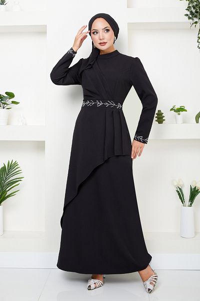 ModaMerve Μαύρο βραδινό φόρεμα Hijab - 4047KTR927-M, Κεντημένα μανίκια