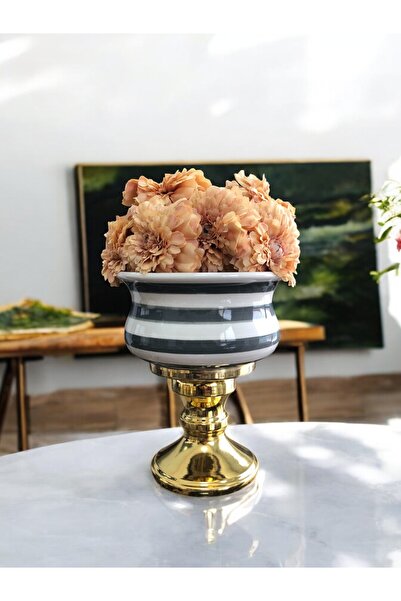 ferayhome Dekoratif Obje Gold Ayaklı Saksı Gri Klasik Zebra Gold - Feray Home