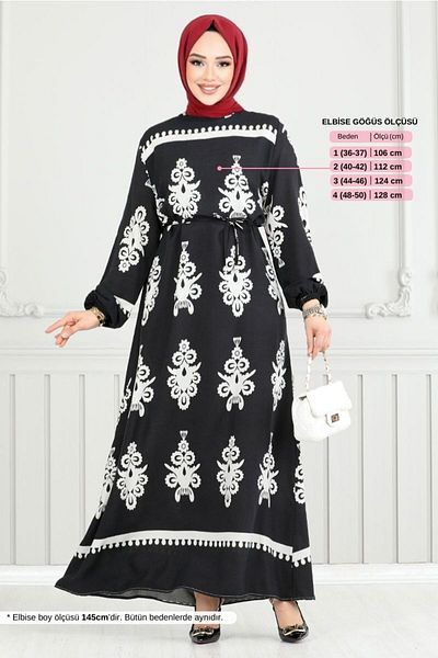 ModaMerve Ethnic Pattern Hijab Μαύρο Φόρεμα 802OZR1047-M