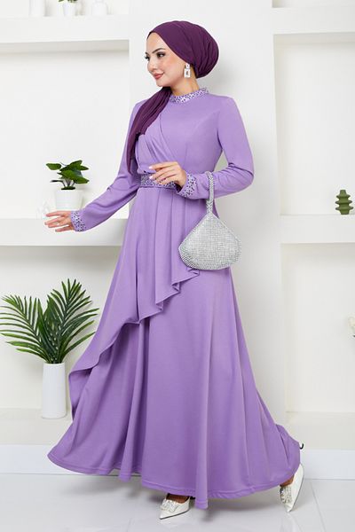 ModaMerve Λιλά Φόρεμα Hijab - Stone Detailed, Model 268DVL897-M