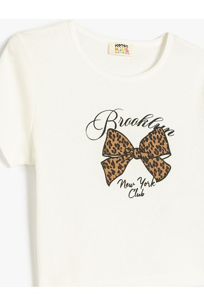 Koton Ribbon Printed Short Sleeve Crew Neck Cotton Camisole Crop T-Shirt
