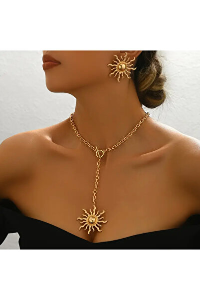 SE Jewellery Collection Selin Ersoy Gold Dekolte Güneş Kolye Küpe Set Şık Kadın Kolye Küpe Set