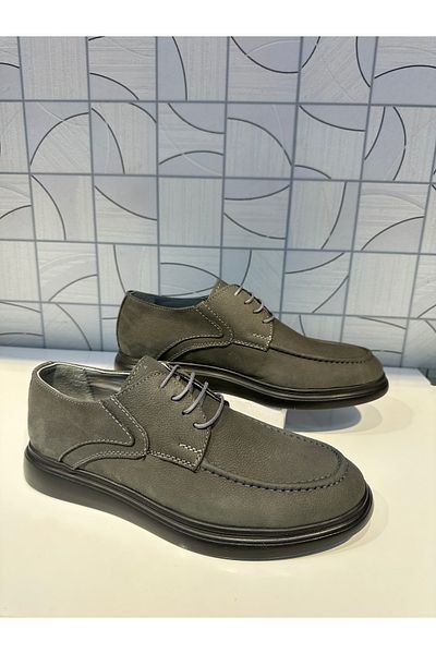 Anıl Ayakkabı St 420 Men's Gray Smoked Nubuck Genuine Leather Daily Casual Lace-Up Loafer Shoes