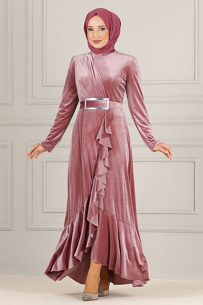 ModaMerve Βελούδινο βραδινό φόρεμα ASM2634 Dusty Rose