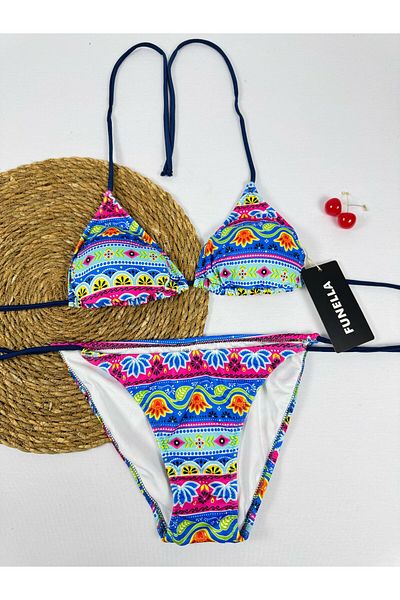 FUNELLA Blue Ethnic Patterned Stylish Women's Bikini Set with Side and Neck Tie