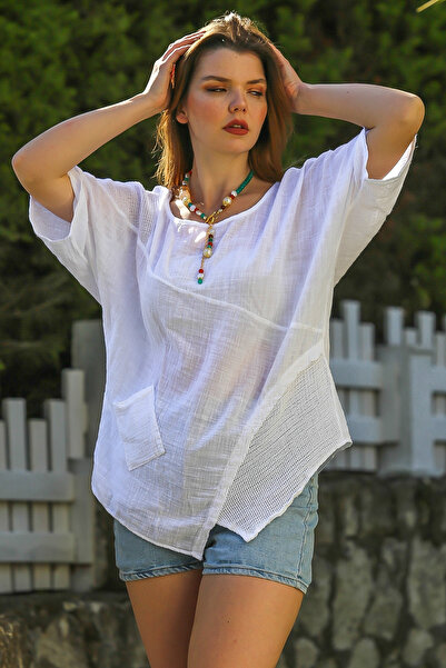Chiccy White Pool Collar Pocket Mesh Detailed Washed Casual Asymmetrical Woven Blouse 70 65
