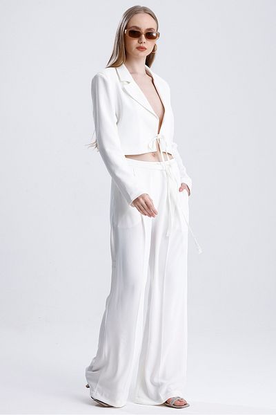MD trend Women's Tied Crop Jacket and Belted Palazzo Trousers Two Piece Set
