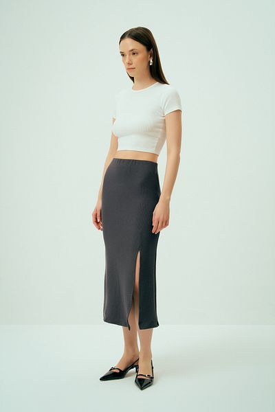 Wear Three Points Spirit - Anthracite Corded Modal Midi Skirt with Slit Detail, Comfort Fit