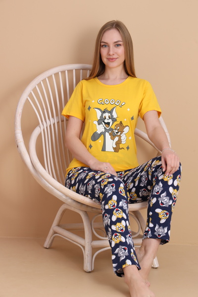 VG BOND MODA Cat Mouse Print Detailed Short Sleeve Women's Pajamas Set Vg154