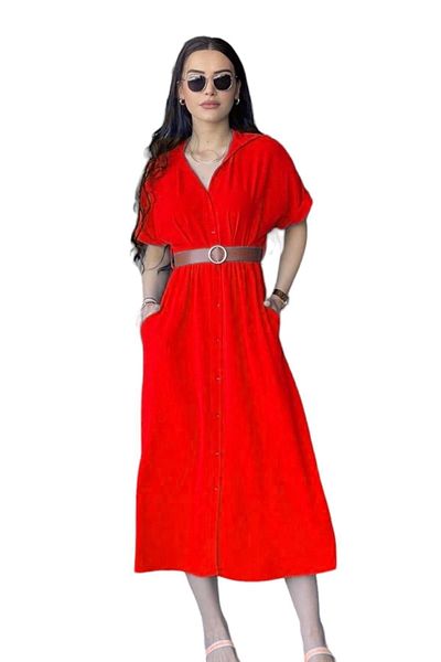 Modasultan Women's Shirt Collar Front and Back Pleated Buttoned Ayrobin Dress with Belt
