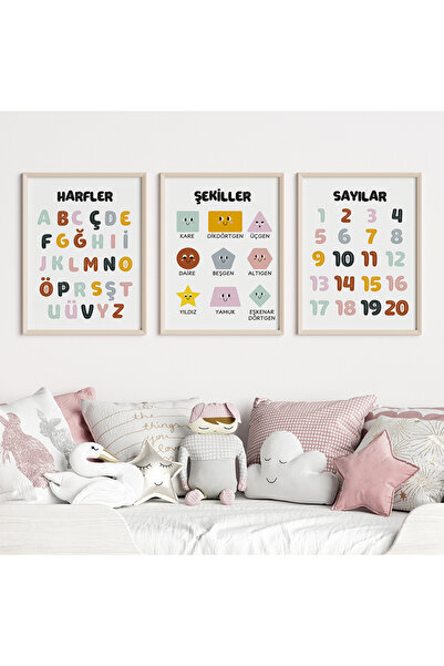 CKA Tasarım 3'lı Eğitici Tablo Seti 2, Harfler, Sayılar, Şekiller, Bebek ve Ç...