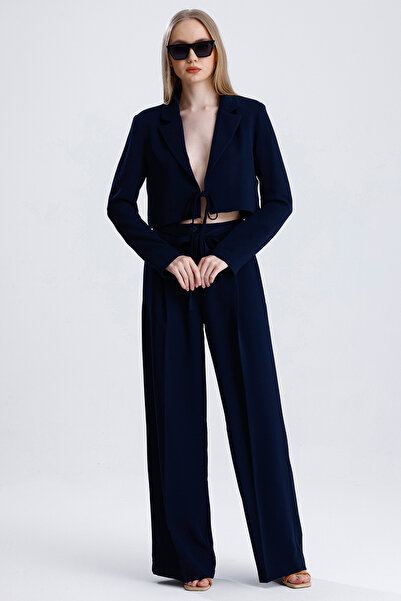 MD trend Women's Tied Crop Jacket and Belted Palazzo Trousers Two Piece Set