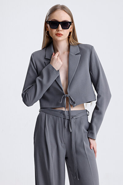 MD trend Women's Tied Crop Jacket and Belted Palazzo Trousers Two Piece Set