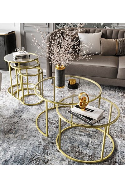 Dekoport Milas Mat Gold (ESKİTME) Orta Ve Zigon Sehpa Seti - Şeffaf Cam