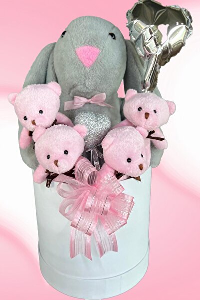 Genel Markalar Premium Özel Kutusunda; 45 cm Gri Bunny Tavşan, Simli Kalp 4 P...