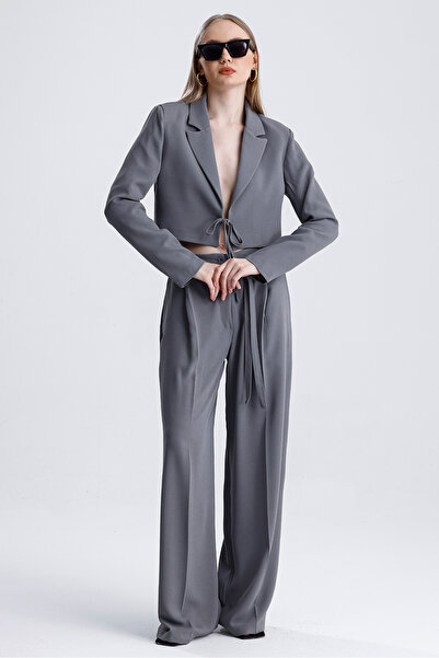 MD trend Women's Tied Crop Jacket and Belted Palazzo Trousers Two Piece Set