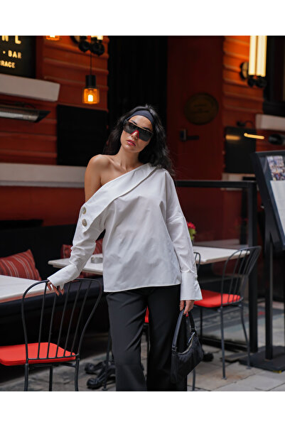 LOISY Women's Madonna Collar Button Detailed One Shoulder Shirt