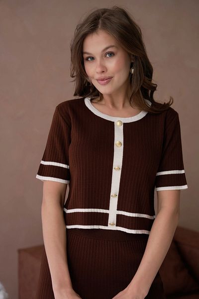 Park Karon Crew Neck Button Detailed Skirt Elastic Waist Blouse Skirt Double Knitwear Set