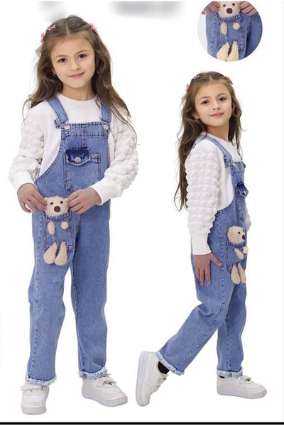 Kids Girl's Suspender Slopet Teddy Bear Denim Dress