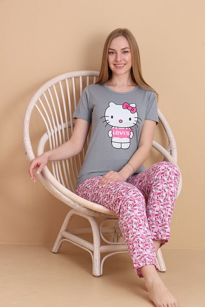VG BOND MODA Gray Floor Kitten Printed Short Sleeve Women's Pajama Set Vg159