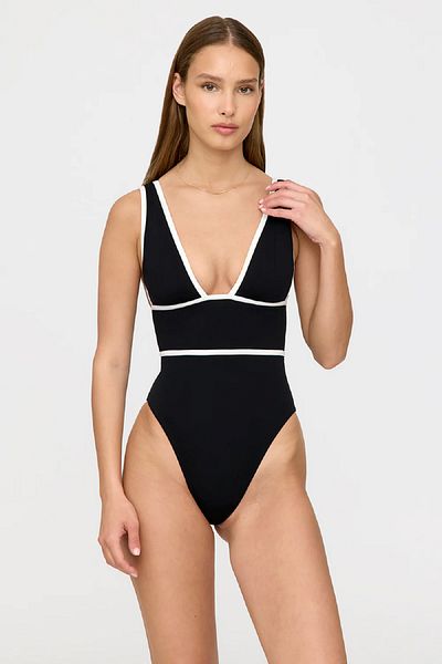 LU Lunita Stylish Black Swimsuit with Wide Size Interval and White Stripes Without Cups