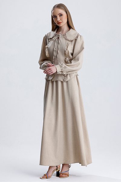 MD trend Women's Baby Collar Lace Detailed Tie-Up Blouse and Bell Skirt Double Linen Set