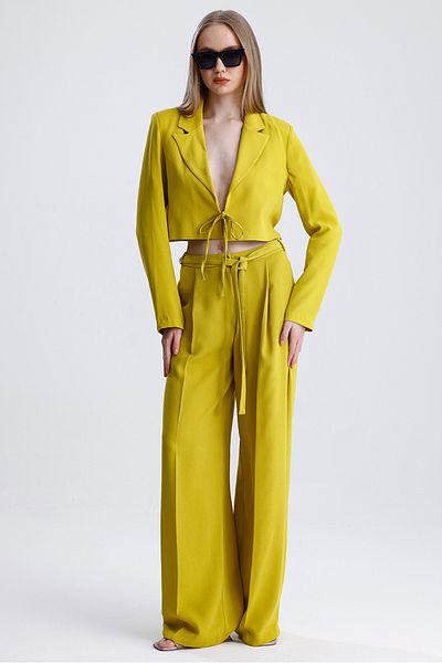 MD trend Women's Tied Crop Jacket and Belted Palazzo Trousers Two Piece Set