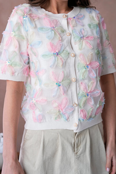 Park Karon Crew Neck Tulle Detailed Buttoned Knitwear Sweater