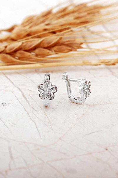 Sümer Telkari Taşlı Çiçek Rodyumlu Gümüş Çocuk Küpe 7293