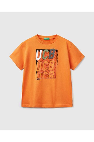 United Colors of Benetton Boy's Orange Benetton Logo Printed T-Shirt