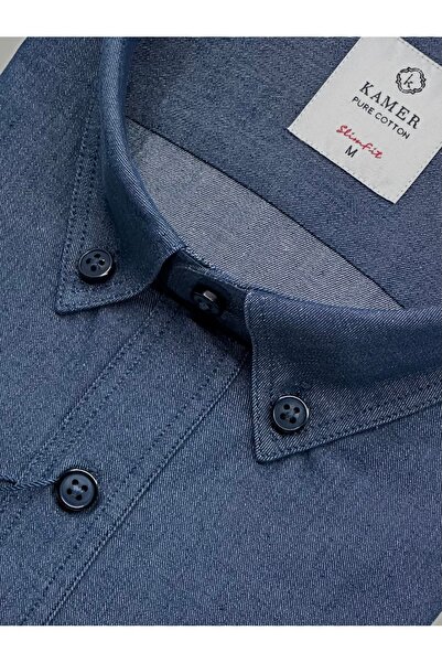 KAMER MEN'S SLIM FIT 100% COTTON LONG SLEEVE BUTTON DOWN COLLAR DARK BLUE PLAIN WASHED SHIRT 2411KM