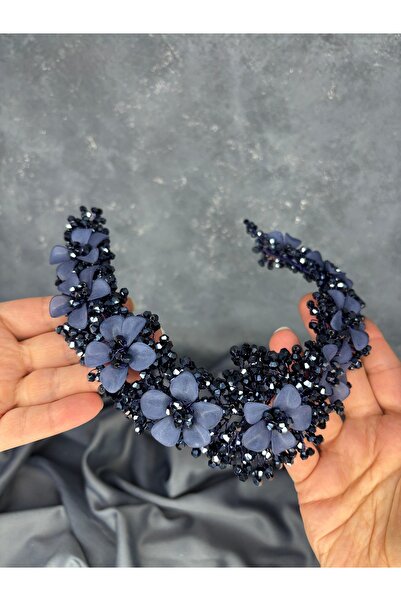 Hayalperest boncuk Nileda Model Crystal Beaded Henna Crown – Stylish Bridal Hair Accessory Navy Blue