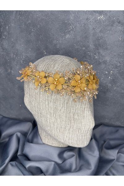 Hayalperest boncuk Crystal Beaded Bridal Crown for Henna Night Nileda Model Honey Color