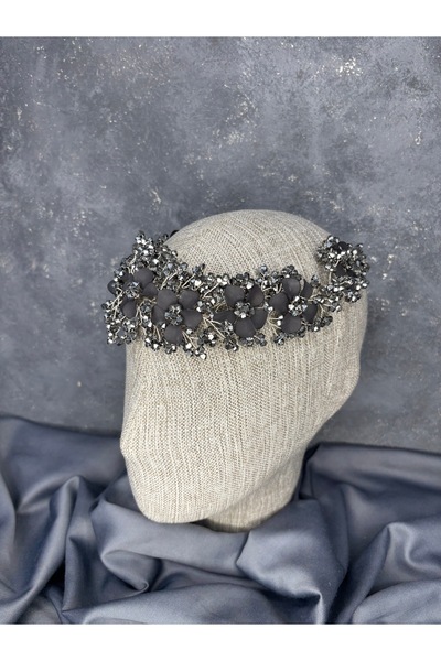 Hayalperest boncuk Nileda Model Crystal Beaded Henna Crown Stylish Bridal Hair Accessory Anthracite Color