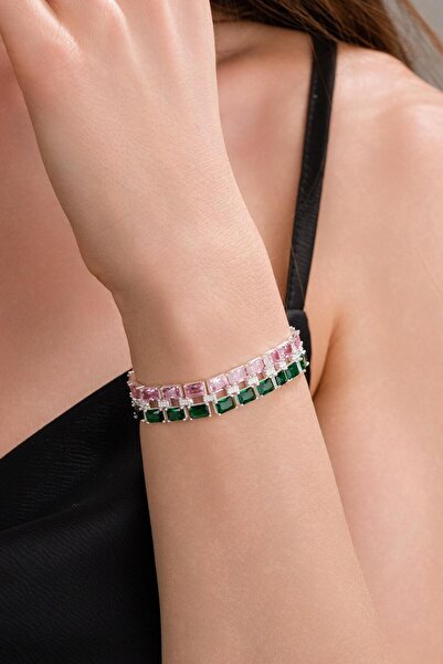 Tmt Silver Gümüş Baget Pembe Kuvars ve Yeşil Zirkon Kübik Taşlı İki Sıralı Ro...