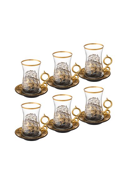BYBLOSS Turkish glass tea set with porcelain saucer with horse pattern