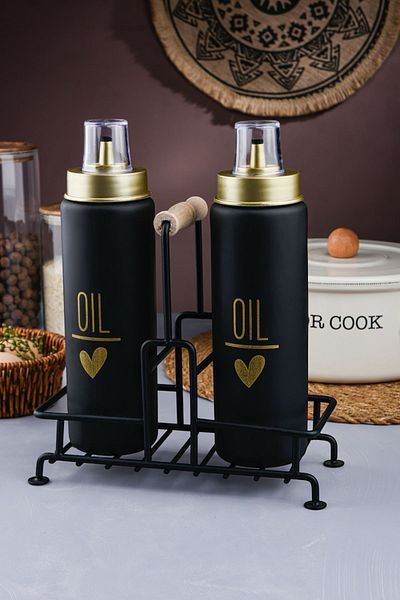 Sezka Life "Black Leak Proof" Glass Oil Pot Set - Oil Pot Set with Metal Base 550 Cc