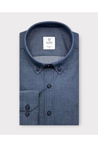 KAMER MEN'S SLIM FIT 100% COTTON LONG SLEEVE BUTTON DOWN COLLAR DARK BLUE PLAIN WASHED SHIRT 2411KM