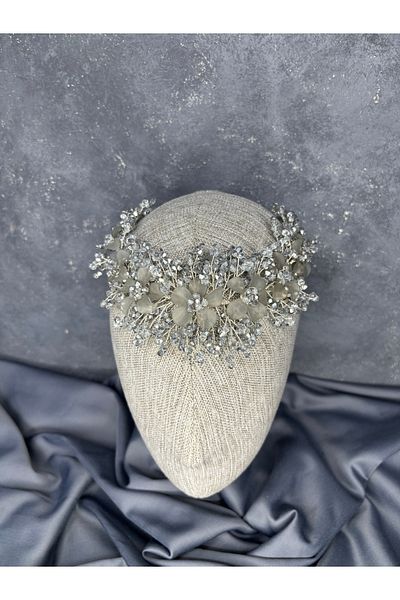 Hayalperest boncuk Nileda Model Crystal Beaded Henna Crown Stylish Bridal Hair Accessory Gray