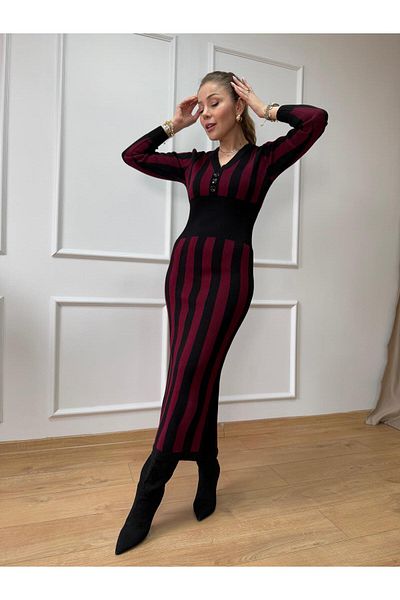 Size Özgü Burgundy Elastic Waist Knitwear Dress