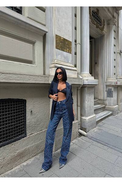 Diviny Women's Stripe Stone High Waist Straight Fit Blue Jeans