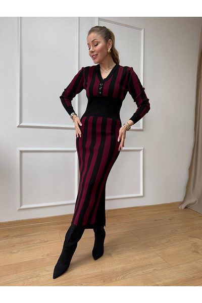 Size Özgü Burgundy Elastic Waist Knitwear Dress
