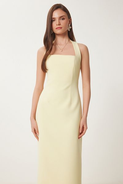 Lovelyİstanbul Rochie țesută Midi cu bretele groase Galben Lfk0005