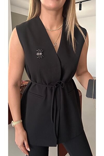 Sezgi Tekin Μαύρο γιλέκο με λεπτομέρεια κορδέλας και κορδόνια