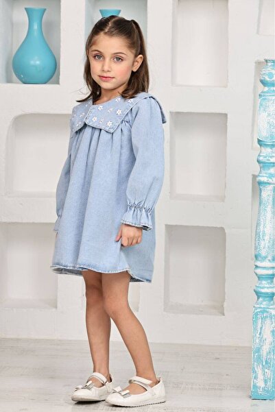 ANGELOS GIRLS Girl's Jean Dress with Embroidery Daisy Detail on the Collar 12192
