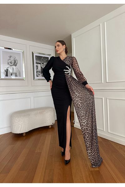 1Moda1Tarz Γυναικείο Scuba Crepe Ύφασμα Φόρεμα Σχεδιασμού Αστερίας Λεοπάρ Εισαγόμενο Στυλ Sleep Lightnings