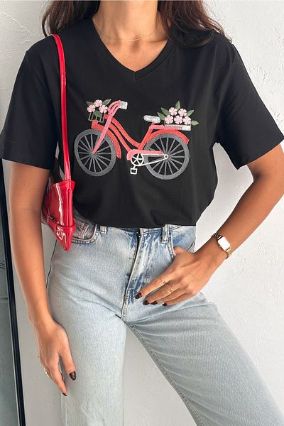 FEMELLE Tricou negru pentru femei, cu decolteu în V, mărime mare, brodat cu paiete, brodat cu paiete, 100% bumbac