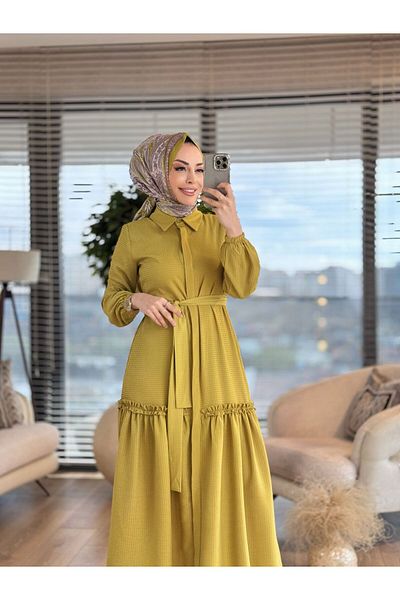 ALANURMODA 9766 Seersucker Front Buttoned Dress