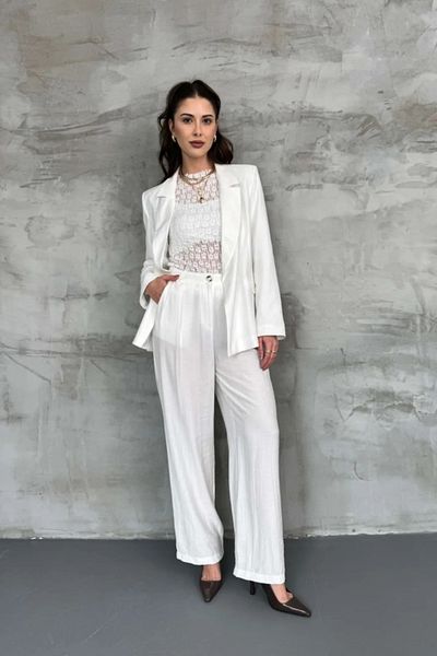stilsepeti Women's White Crinkle Fabric Lined Padded Blazer Jacket Pants Suit Tl- 100080115