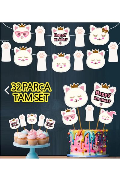 Hiras Dizayn Cute Cat Themed Set:_Banner Cake Toothpick_Cupcake Decoration_32 Pieces